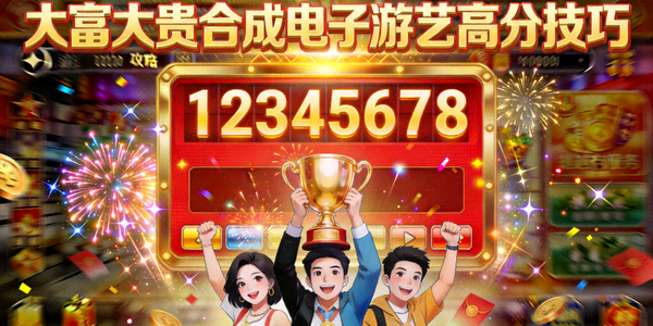 大富大贵合成电子游艺高分技巧封面图，展示游戏高分界面与庆祝特效瞬间