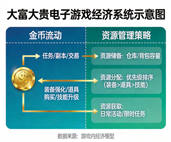 大富大贵电子游戏经济系统示意图，展示金币流动和资源管理策略