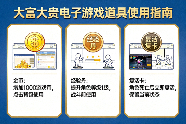 大富大贵电子游戏道具使用示意图，展示不同道具的效果和使用方法