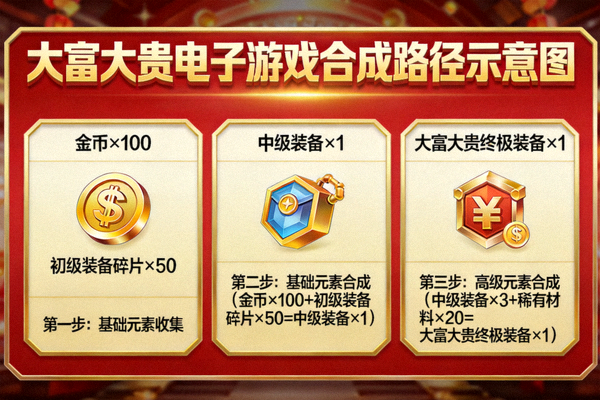 大富大贵电子游戏合成路径示意图，展示从基础元素到高级元素的合成过程
