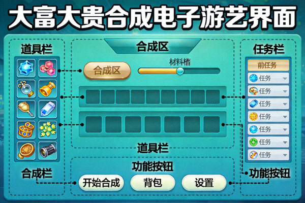 大富大贵合成电子游艺界面详解图，标注各个功能区域和按钮