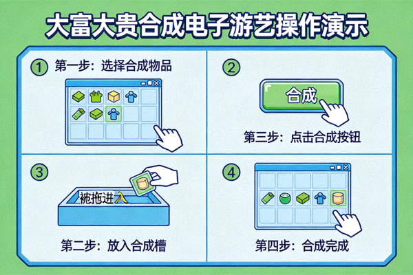 大富大贵合成电子游艺合成操作演示图，展示从选择物品到完成合成的完整过程