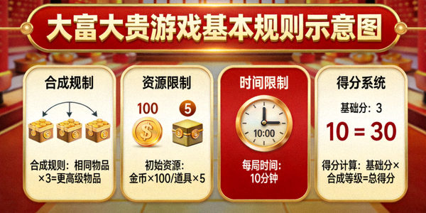 大富大贵游戏基本规则示意图，展示合成机制、资源限制、时间限制和得分系统