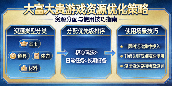 大富大贵游戏资源优化策略示意图，展示资源分配与使用技巧
